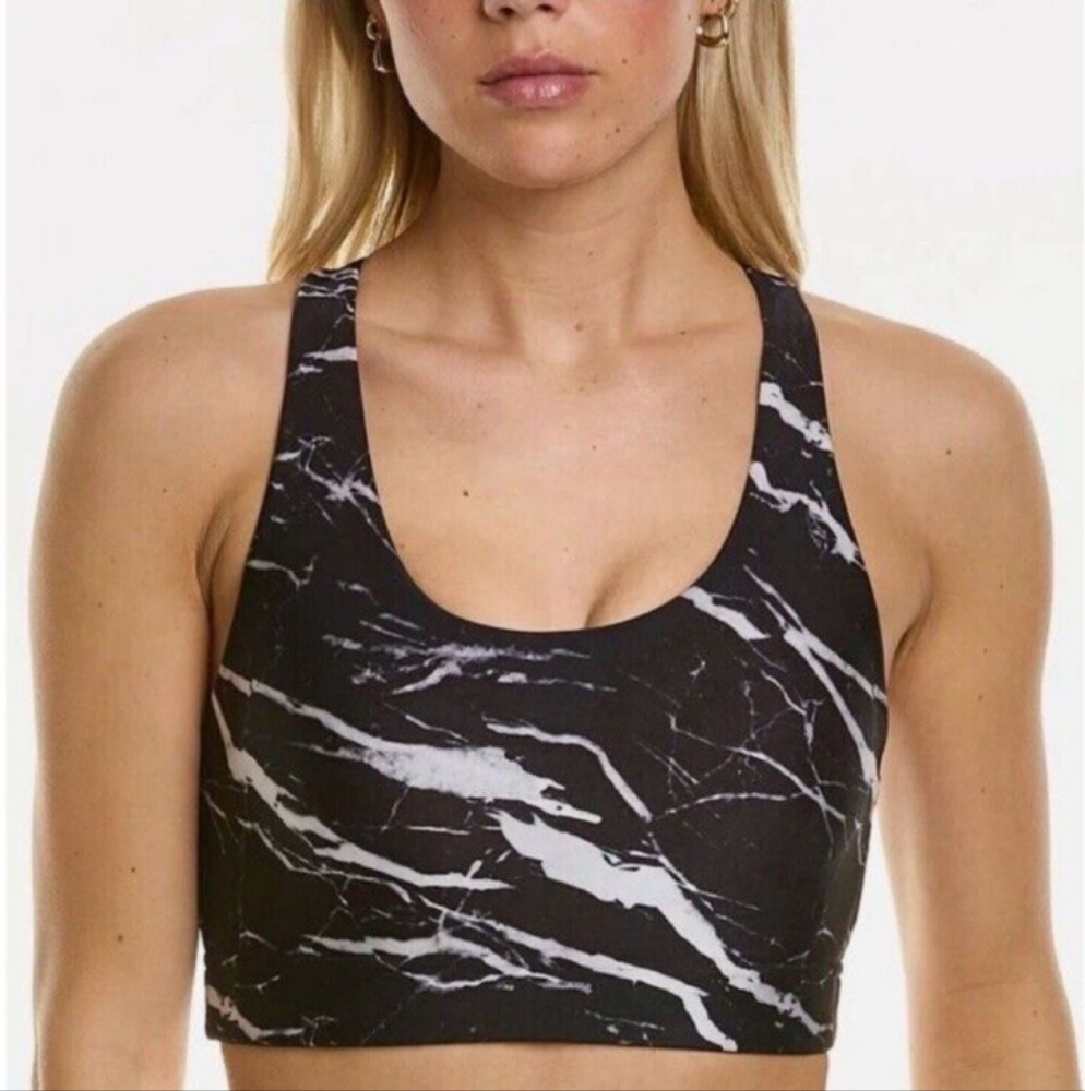 Terez Hi-Shine Racerback Sports Bra in Black/White Onyx Marble. Size Small. NWOT